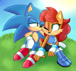 Size: 2141x2000 | Tagged: safe, artist:yoshiyoshi700, sally acorn, sonic the hedgehog, chipmunk, hedgehog, 2025, daytime, duo, female, looking at each other, male, sally x sonic, sally's ringblader outfit, shipping, sitting, straight, sun