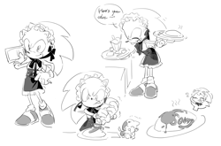 Size: 2174x1438 | Tagged: safe, artist:bb_meronpan, sonic the hedgehog, 2025, apron, english text, food, greyscale, holding something, monochrome, simple background, solo, speech bubble, standing, tray, waiter, white background