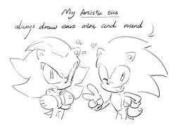 Size: 1082x780 | Tagged: safe, artist:bb_meronpan, shadow the hedgehog, sonic the hedgehog, 2025, arms folded, arrow, duo, english text, greyscale, looking at viewer, monochrome, simple background, sketch, smile, standing, v sign, white background, wink