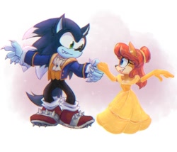 Size: 1024x876 | Tagged: safe, artist:sn0wyangel, sally acorn, sonic the hedgehog, chipmunk, hedgehog, 2024, beauty and the beast, clothes, cosplay, crossover, dancing, disney, duo, female, looking at each other, male, sally x sonic, shipping, smile, sonic the werehog, sparkles, straight