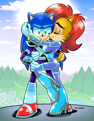 Size: 1200x1537 | Tagged: safe, artist:curtsibling, sally acorn, sonic the hedgehog, chipmunk, hedgehog, 2023, alternate outfit, clothes, daytime, duo, female, forest, fully clothed, kiss, kiss on cheek, looking at viewer, male, mountain, river, sally x sonic, shipping, smile, straight, sun, superhero outfit