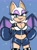 Size: 1530x2048 | Tagged: safe, artist:aztec_kangaroo, rouge the bat, 2025, blue background, boxing gloves, busty rouge, cleavage, eyelashes, female, lidded eyes, looking at viewer, midriff, simple background, smile, smiling at viewer, solo, sparkles, standing