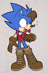 Size: 657x999 | Tagged: safe, artist:simonsoys, jules hedgehog, hedgehog, 2013, boots, brown gloves, brown shoes, echo background, flat colors, gilet, looking offscreen, mouth open, open smile, smile, solo, standing, wink