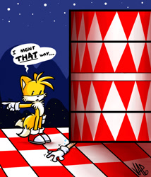 Size: 598x698 | Tagged: safe, artist:vaporotem, miles "tails" prower, sonic the hedgehog, carnival night zone, 2006, abstract background, barrel, barrel of doom, crushed, dialogue, duo, english text, nighttime, outdoors, signature, sonic the hedgehog 3, speech bubble, standing, star (sky)