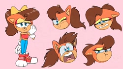 Size: 1920x1080 | Tagged: safe, artist:twincubcakes, tiara boobowski, cat, 2025, alternate outfit, clothes, crying, expression sheet, female, hand on cheek, looking at viewer, manx cat, pink background, scared, simple background, solo, tears, watermark, wink