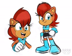 Size: 2048x1582 | Tagged: safe, artist:twincubcakes, sally acorn, chipmunk, 2025, female, looking at viewer, pose, sally's ringblader outfit, simple background, smile, solo, standing, watermark, white background