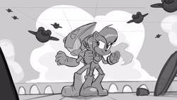 Size: 1920x1080 | Tagged: safe, sally acorn, sonic the hedgehog, chipmunk, hedgehog, 2025, daytime, duo focus, female, fighting, greyscale, group, male, phantom rider, robot, sally x sonic, sally's ringblader outfit, shipping, straight
