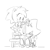Size: 846x850 | Tagged: safe, artist:bb_meronpan, amy rose, metal sonic, hedgehog, 2025, bow, classic amy, classic sonic (universe), duo, female, greyscale, hair bow, looking at them, monochrome, robot, simple background, sitting, sketch, smile, standing, white background
