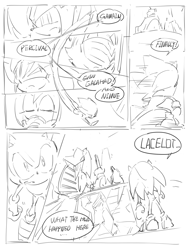 Size: 1020x1340 | Tagged: safe, artist:bb_meronpan, amy rose, blaze the cat, knuckles the echidna, nimue, silver the hedgehog, sonic the hedgehog, sonic and the black knight, 2025, au:the lost kingdom, comic, english text, greyscale, monochrome, simple background, sir galahad, sir gawain, sir lancelot, sir percival, sketch, solo, speech bubble, standing, white background