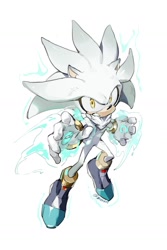 Size: 974x1454 | Tagged: safe, artist:bb_meronpan, silver the hedgehog, 2025, clenched teeth, looking at viewer, psychokinesis, simple background, solo, white background
