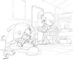 Size: 1548x1354 | Tagged: safe, artist:bb_meronpan, shadow the hedgehog, sonic the hedgehog, 2025, controller, door, duo, greyscale, hand in pocket, holding something, hood, hood up, hoodie, indoors, lidded eyes, looking at them, lying down, monochrome, simple background, sketch, slippers, standing, white background