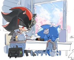 Size: 978x788 | Tagged: safe, artist:bb_meronpan, shadow the hedgehog, sonic the hedgehog, 2025, bag, book, classroom, daytime, desk, duo, eyes closed, holding something, indoors, jacket, lidded eyes, pencil, school, school desk, school uniform, sitting, sleeping, tree