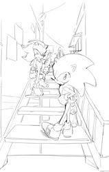 Size: 1066x1680 | Tagged: safe, artist:bb_meronpan, shadow the hedgehog, sonic the hedgehog, 2025, bag, duo, food, greyscale, holding something, looking at viewer, monochrome, mouth open, outdoors, sketch, stairs, standing