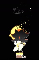 Size: 1098x1672 | Tagged: safe, artist:bb_meronpan, shadow the hedgehog, sonic the hedgehog, super sonic, 2025, black background, duo, english text, from behind, gay, hugging, shadow x sonic, shipping, simple background, speech bubble, standing, super form