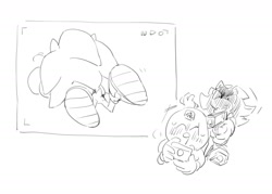 Size: 1548x1110 | Tagged: safe, artist:bb_meronpan, shadow the hedgehog, sonic the hedgehog, 2025, camera, greyscale, gun, holding something, looking at them, lying down, lying on front, monochrome, photo, shadowed face, simple background, sketch, trio, white background