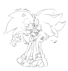 Size: 1056x1104 | Tagged: safe, artist:bb_meronpan, shadow the hedgehog, sonic the hedgehog, 2025, blushing, duo, gay, greyscale, hands on another's chest, lidded eyes, looking at each other, looking at them, monochrome, mouth open, musical note, shadow x sonic, shipping, simple background, sketch, smile, standing, sweat, white background