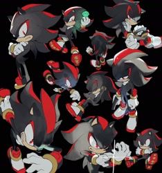 Size: 2212x2360 | Tagged: safe, artist:bb_meronpan, shadow the hedgehog, 2025, arms folded, bandage, chaos emerald, clenched teeth, eyes closed, from above, gun, holding something, lidded eyes, looking down, simple background, sitting, solo, standing, white background