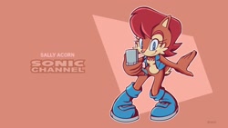 Size: 2048x1152 | Tagged: safe, artist:jadepesky, nicole the handheld, sally acorn, chipmunk, 2026, holding something, pose, sally's vest and boots, solo, sonic channel wallpaper style