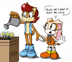 Size: 2048x1755 | Tagged: safe, cream the rabbit, sally acorn, chipmunk, rabbit, artisr:cpj2002, chils, dialogue, duo, duo female, english text, female, flower, holding something, looking at them, mouth open, open smile, plant, simple background, smile, speech bubble, watering can, white background