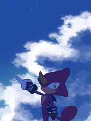 Size: 955x1272 | Tagged: safe, artist:aleespace-art, espio the chameleon, 2026, abstract background, clouds, daytime, flat colors, looking at viewer, outdoors, pointing, smile, solo