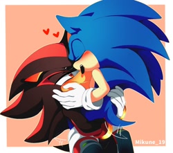 Size: 1414x1251 | Tagged: safe, artist:mikune_19, shadow the hedgehog, sonic the hedgehog, 2022, blushing, border, duo, eyes closed, frown, gay, heart, holding each other, hugging, kiss, kiss on head, shadow x sonic, shipping, signature, treads, wagging tail