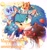 Size: 1376x1458 | Tagged: safe, artist:mikune_19, sonic the hedgehog, chao, 2022, apple, birthday, blushing, cape, carrying them, character chao, crown, english text, eyes closed, flower, flower crown, flying, food, fruit, group, hat, heart, holding something, holding them, looking offscreen, mid-air, neutral chao, one eye closed, party hat, present, rose, shadow chao, smile, sonic chao, text