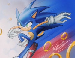 Size: 1809x1399 | Tagged: safe, artist:ashklash, sonic the hedgehog, 2022, looking ahead, looking offscreen, ring, running, signature, simple background, smile, solo, white background