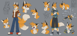 Size: 3964x1854 | Tagged: safe, artist:losttimpactt, miles "tails" prower, nine, fox, sonic prime, 2026, aviator jacket, chest fluff, clenched teeth, clothes, duo, flat colors, frown, fur markings, goggles, grey background, hands in pocket, jacket, jeans, looking at viewer, looking offscreen, mouth open, pants, sharp teeth, simple background, sketch page, smile