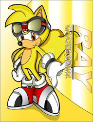 Size: 800x1047 | Tagged: safe, artist:1nonlymegazx456, ray the flying squirrel, flying squirrel, 2009, alternate eye color, alternate outfit, character name, clothes, english text, eyewear on head, gloves, goggles, goggles on head, gradient background, hand on hip, looking at viewer, nike mouth, orange eyes, oversized, pointing, shoes, smile, smiling at viewer, socks, solo, standing, text, uekawa style