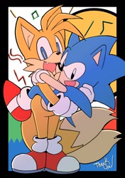Size: 1050x1488 | Tagged: safe, artist:senshion, miles "tails" prower, sonic the hedgehog, abstract background, border, carrying them, classic sonic, duo, english text, gay, holding each other, hugging, looking at viewer, mouth open, one fang, shipping, smile, sonic x tails, standing, text