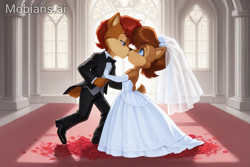 Size: 1152x768 | Tagged: safe, ai art, artist:mobians.ai, artist:whoactuallycares155, elias acorn, sally acorn, backlighting, church, duo, elias x sally, flower, holding each other, incest, indoors, kiss, kiss on lips, petals, rose, shipping, smile, standing, straight, wedding, wedding dress, wedding suit, wedding veil, window