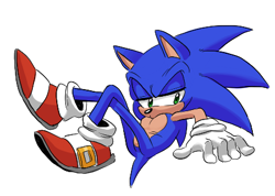 Size: 435x310 | Tagged: safe, artist:sonicfan2026, sonic the hedgehog, 2024, legs crossed, lidded eyes, looking offscreen, lying down, pout, simple background, solo, white background