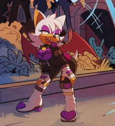 Size: 1870x2048 | Tagged: safe, artist:minimin, rouge the bat, female, leaning forward, looking offscreen, looking up, mouth open, open smile, plant, posing, rouge's heroes bodysuit, smile, solo