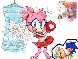 Size: 2470x1865 | Tagged: safe, artist:hiimleyla, amy rose, cheese (chao), cream the rabbit, sonic the hedgehog, blushing, boxing gloves, group, midriff, punching bag, shorts, simple background, solo focus, sparkles, white background, workout outfit