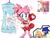 Size: 2470x1865 | Tagged: safe, artist:hiimleyla, amy rose, cheese (chao), cream the rabbit, sonic the hedgehog, blushing, boxing gloves, group, midriff, punching bag, shorts, simple background, solo focus, sparkles, white background, workout outfit