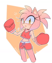 Size: 1620x1960 | Tagged: safe, artist:_kukuun, amy rose, abstract background, boxing gloves, looking at viewer, mouth open, outline, shorts, solo, white outline, workout outfit