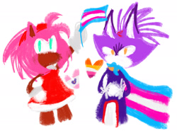Size: 2048x1536 | Tagged: safe, artist:shanel-the-conqueeror, amy rose, blaze the cat, 2026, amy x blaze, cape, duo, flag, heart, lesbian, lesbian blaze, lesbian pride, looking at viewer, pride, pride flag, sapphic, sapphic pride, shipping, simple background, standing, t4t, trans female, trans girl amy, trans girl blaze, trans pride, transgender, white background