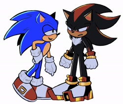Size: 2048x1742 | Tagged: safe, artist:lunaliart, shadow the hedgehog, sonic the hedgehog, sonic prime, 2025, duo, frown, gay, looking at each other, redraw, shadow x sonic, shipping, simple background, smile, sonic prime s3, standing, white background
