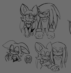 Size: 1037x1076 | Tagged: safe, artist:lunaliart, knuckles the echidna, rouge the bat, 2025, duo, grey background, holding arm, holding them, knuxouge, line art, monochrome, shipping, simple background, standing, straight