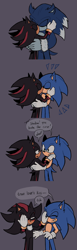 Size: 1451x4698 | Tagged: safe, artist:lunaliart, shadow the hedgehog, sonic the hedgehog, 2025, blushing, dialogue, duo, edit, embarrassed, english text, flat colors, frown, gay, grey background, kiss, shadow x sonic, shipping, simple background, smile, sonic the werehog, speech bubble, standing, stitched, talking, text, were form, werehog