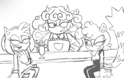 Size: 1570x994 | Tagged: safe, artist:lunaliart, amy rose, tangle the lemur, oc, oc:becky "moo" meadow, 2025, bar, cow, drink, grey background, line art, milkshake, monochrome, mouth open, open smile, simple background, sitting, smile, trio, wink