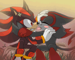 Size: 1280x1024 | Tagged: safe, artist:krazyelf, eclipse the darkling, shadow the hedgehog, 2016, animated, blushing, clenched teeth, cross popping vein, cute, duo, eclipse x shadow, eclipseabetes, eyes closed, gay, gif, gradient background, grass, holding each other, licking, looking at them, rock, shipping, signature, sitting, smile, tongue out