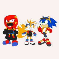 Size: 4200x4200 | Tagged: safe, artist:sour-sprite, knuckles the echidna, miles "tails" prower, sonic the hedgehog, 2026, alternate outfit, alternate universe, apron, belt, cape, clothes, eyewear on head, flat colors, gloves, grey background, jacket, looking up, redesign, shirt, shoes, shorts, simple background, sketch, smile, standing, sunglasses, trio