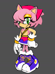 Size: 1280x1707 | Tagged: safe, artist:sour-sprite, editor:sour-sprite, amy rose, 2025, alternate hairstyle, alternate outfit, bag, boots, choker, clothes, edit, eyelashes, eyeshadow, gloves, grey background, hand on hip, headscarf, heart chest, lidded eyes, looking at viewer, redesign, shoelaces, simple background, skirt, smile, socks, solo, standing, topless
