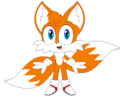 Size: 1056x812 | Tagged: safe, artist:thealastair, miles "tails" prower, 2023, blue eyes, chibi, cute, ear fluff, eyelashes, flat colors, looking at viewer, mouth open, open smile, orange fur, simple background, smile, solo, standing, tailabetes, transparent background