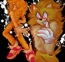 Size: 1280x1220 | Tagged: safe, artist:veloriium, sonic the hedgehog, 2024, arm fluff, black background, chest fluff, claws, clenched teeth, ear fluff, eyelashes, fleetway, fleetway super sonic, fluffy, gloves, leg fluff, male, paint, paint splatter, red shoes, shoes, shoulder fluff, simple background, smile, smiling at viewer, socks, solo, super form, torn socks, treads, yellow fur