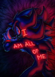 Size: 1024x1434 | Tagged: safe, artist:mikabiii, shadow the hedgehog, 2026, dark, english text, frown, gloves, glowing, i am all of me, looking at viewer, looking back, looking back at viewer, solo, standing, text