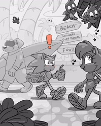 Size: 2550x3200 | Tagged: safe, artist:twincubcakes, sally acorn, sonic the hedgehog, bird, chipmunk, dog, hedgehog, 2026, alternate outfit, bikini, blushing, chili dog, clothes, drink, english text, exclamation mark, female, food, glasses, greyscale, group, holding something, hot dog, literal animal, male, noticing, sally x sonic, sarong, shipping, shorts, sign, soda, straight, surfboard, swimsuit, walking, watermark