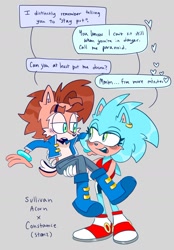 Size: 1280x1841 | Tagged: safe, artist:jubileenie, oc, oc:cohstance (stanz), oc:sullivan acorn, chipmunk, hedgehog, 2025, alternate universe, blushing, carrying them, clothes, dialogue, duo, ear piercing, english text, female, gender swap, grey background, heart, male, oc x oc, pants, piercing, ringblader, shipping, shorts, simple background, speech bubble, straight, vest