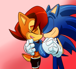 Size: 3334x3000 | Tagged: safe, artist:tale-dude, sally acorn, sonic the hedgehog, chipmunk, hedgehog, 2016, blushing, duo, female, holding hands, male, sally x sonic, sally's ringblader outfit, shipping, simple background, straight